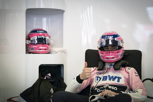 Lance Stroll gives the SportPesa Racing Point RP19 car the thumbs up