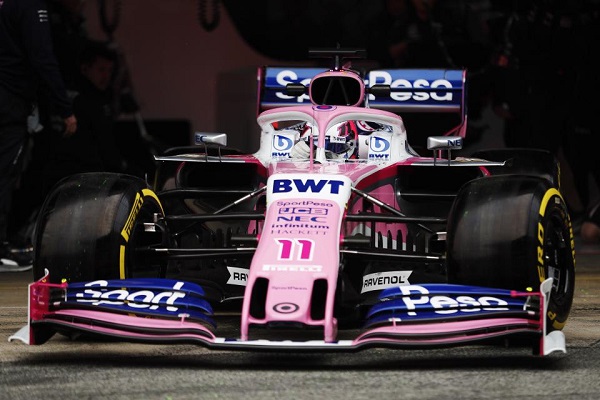Sergio Perez testing the SportPesa Racing Point RP19 F1 car on day 3 of F1 testing